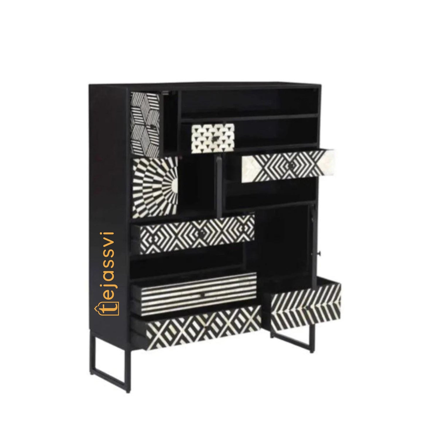 Indian Handmade Cabinetry Furniture.Handmade Bone Inlay Black Multi-Drawers Cabinet | Bone inlay Storage Cabinet with Multi Drawer & Door |